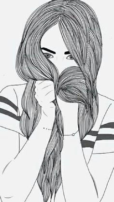 girl covering face with hair drawing