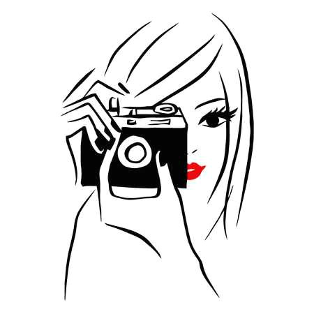 this image is a vector illustration of a line art style girl holding a camera and