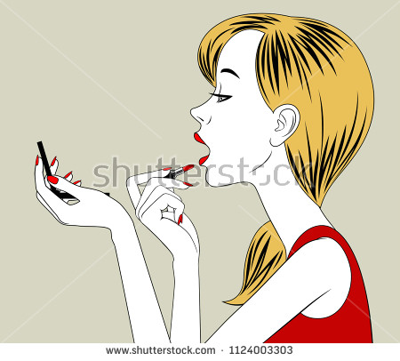 blonde girl half face rouge lips with red lipstick and holding small mirror in her