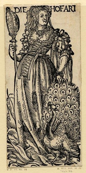 wl female figure with a mirror and peacock flames rising at her feet from a series of seven woodcuts c 1510 woodcut
