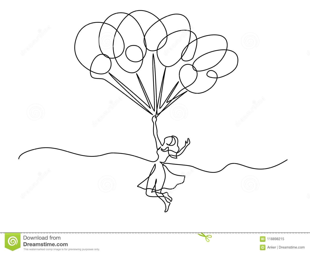 continuous line drawing beautiful young woman holding balloons and flying vector illustration concept for logo card banner poster flyer