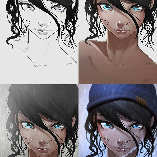 steps process portrait animegirl anime manga rain cute hoodie eyes steps drawing girl