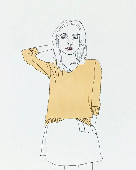 fashion drawing acrylic ink illustration portrait of woman yellow sweater chic white modern art 8 5 x 11