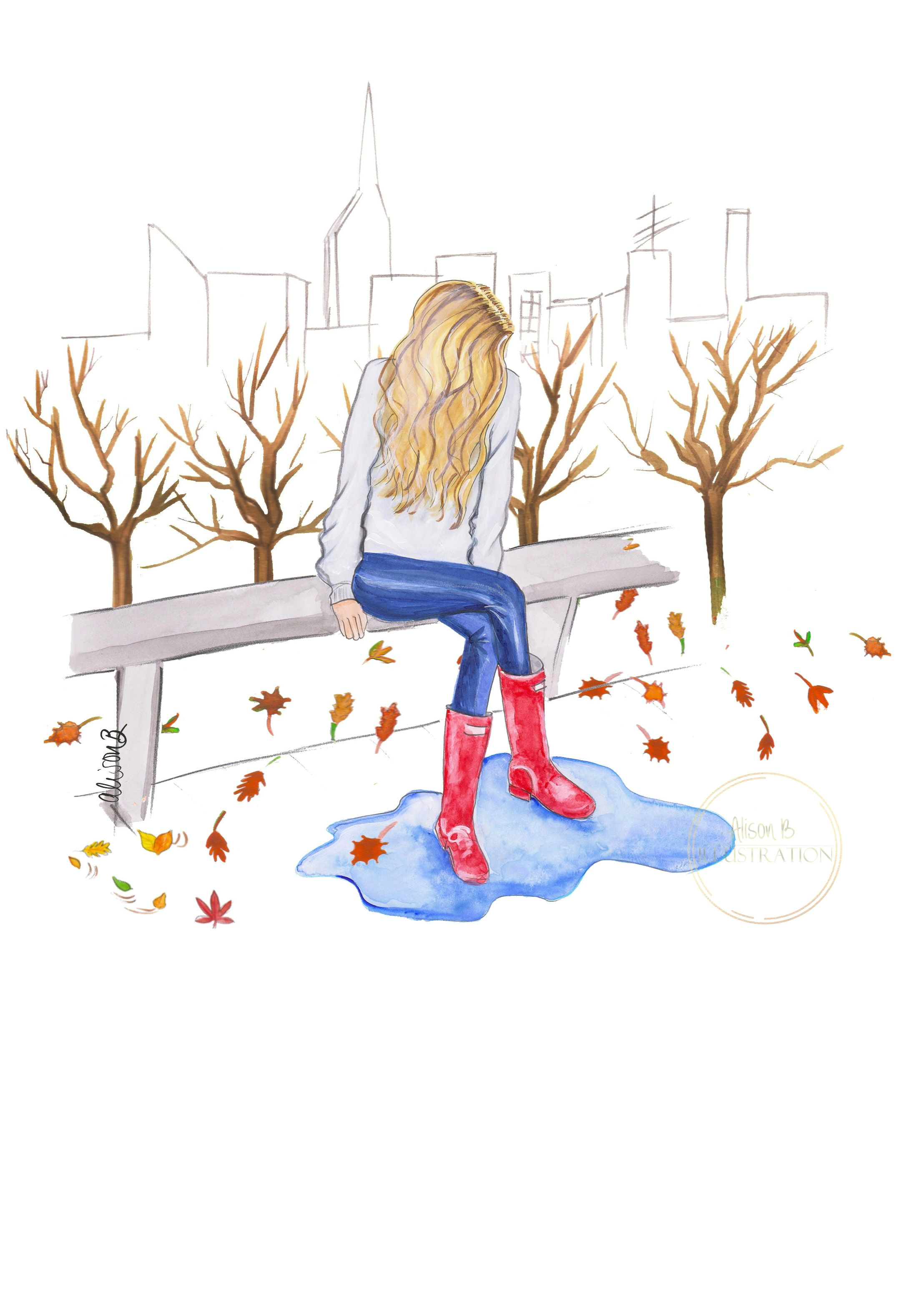 fashionillustration fallillustration autumnleaves fallwallart rainydayart thanksgivingdecor puddle redwellingtonboots fashionsketchprint