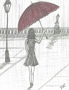 red umbrella drawing girl in the rain by ray ratzlaff
