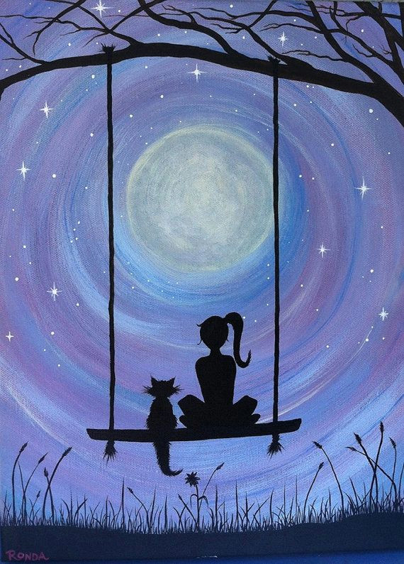 a girl and her cat sitting on a swing under the by freehandmagic 40 00