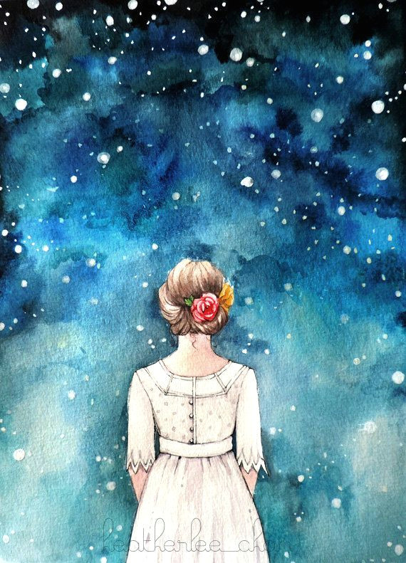 starry night sky and girl watercolor art painting print 8x10 by heatherlee chan lady poppins