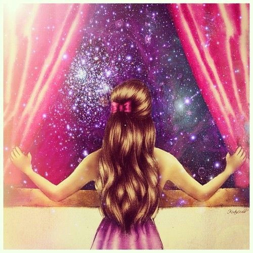 girl cosmos looking at stars out of window