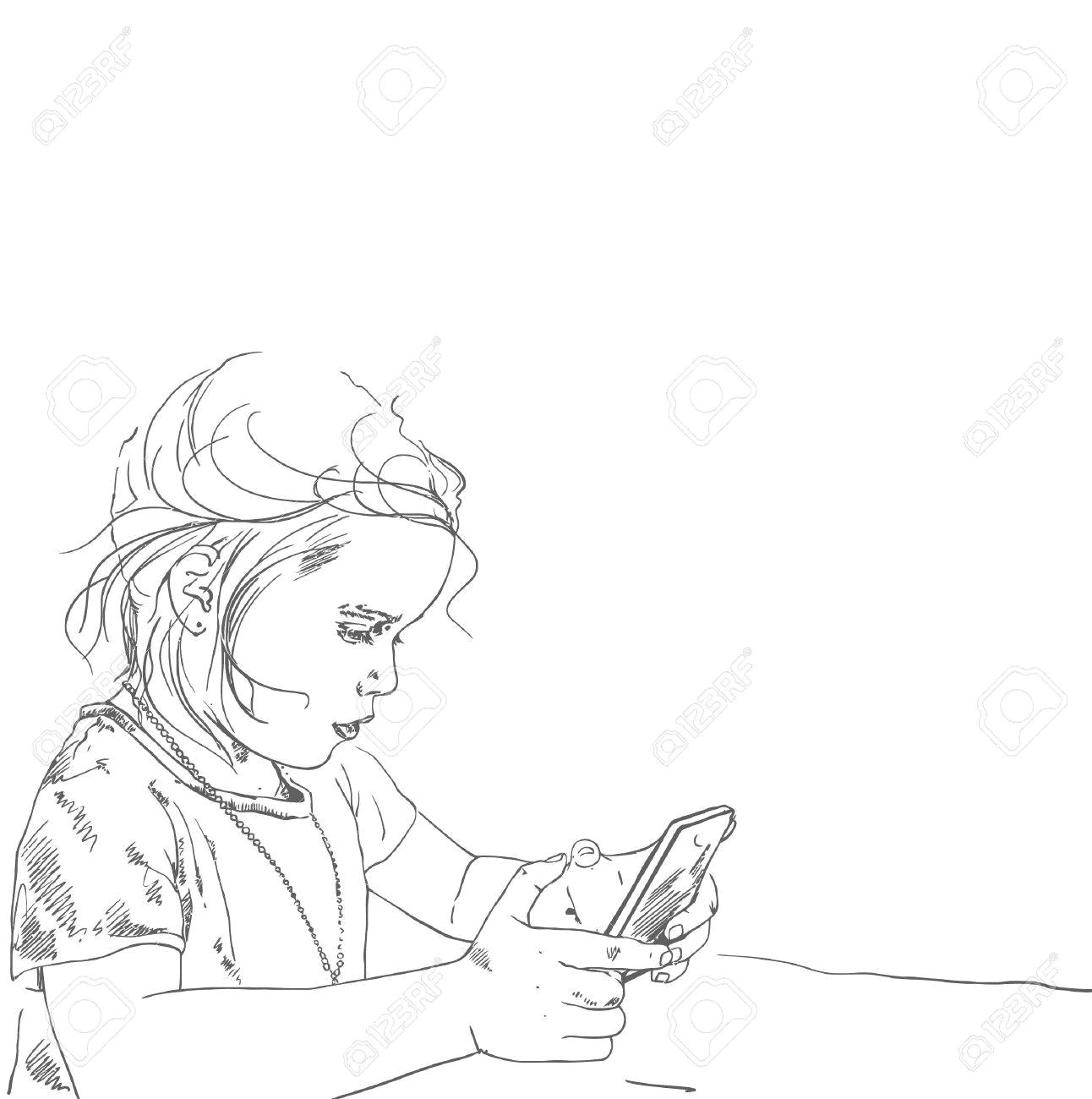 drawing illustration of little five years old girl holding and playing smart phone stock vector