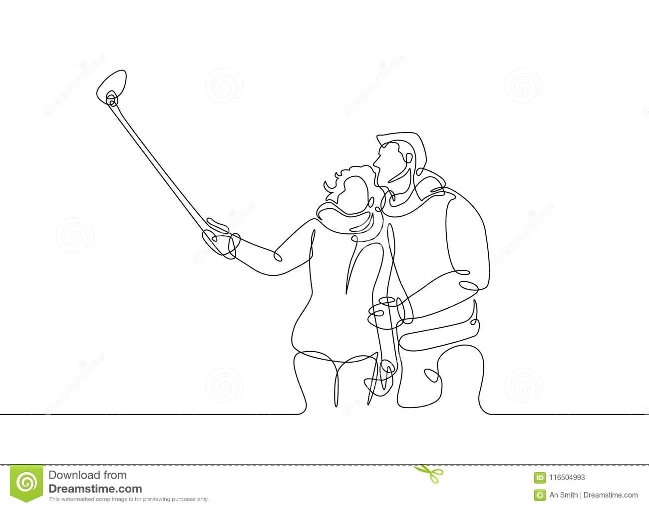 continuous one line drawing funny pair of tourists selfie stick phone devicen