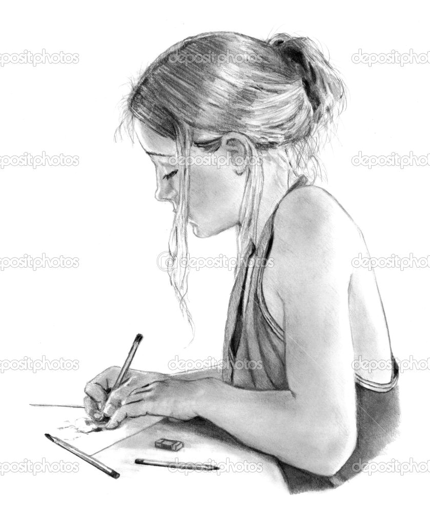 girl drawings pencil drawing of girl writing drawing stock photo a c joyce