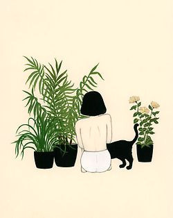 girl plants and a cat