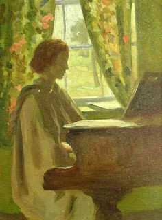 woman playing at her piano by elanor colburn piano girl american impressionism playing piano