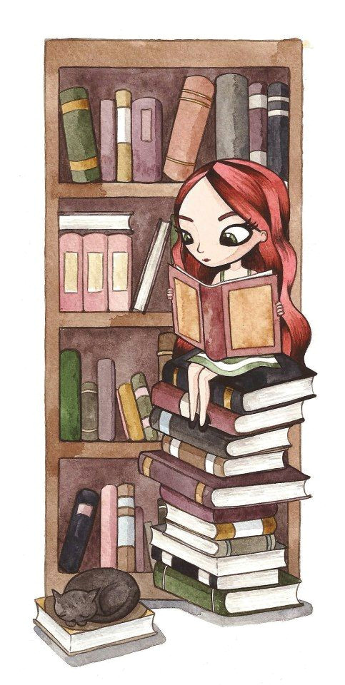 this might as well be a self portrait long red hair surrounded by piles of books and a furbaby except with me it would be many furbabies