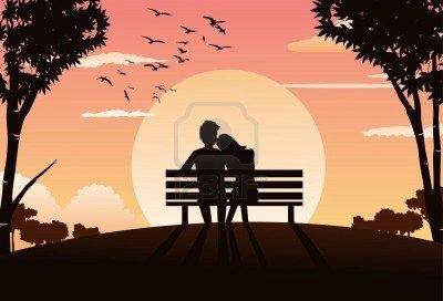 an image of a couple s silhouette sitting on a park bench during sunset and the woman s head is resting on the man s shoulder stock photo 6417390