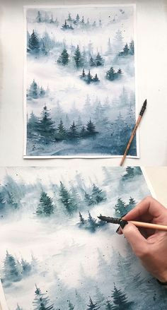 watercolor painting foggy forest watercolour aquarelle winter landscape
