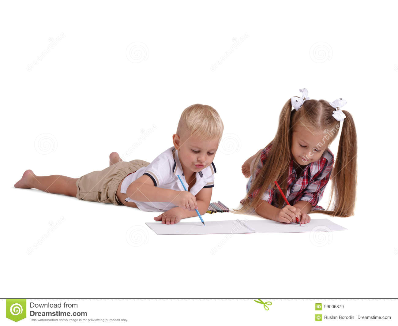 little girl and boy drawing with pencils isolated on a white background young siblings getting ready to school concept