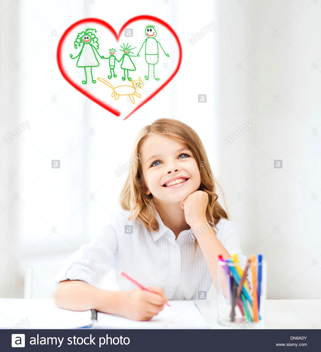 smiling little student girl drawing at school