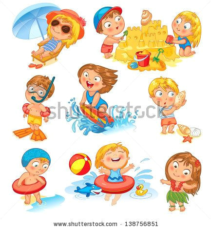 cute little girl in a bathing suit sunning on the beach under an umbrella swim in the sea funny boy in mask flippers swimming cap lifebuoy