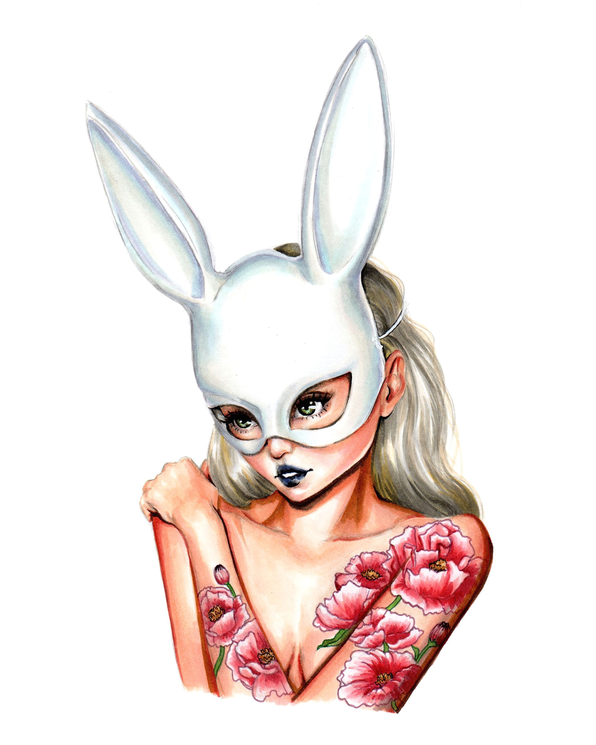 poppy bunny 2017 copic marker drawing by olivia au oliviaumeiwa copic art bunny mask tattoo girl poppies pinup sexy white easter