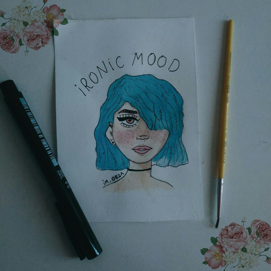 blue hair girl drawing