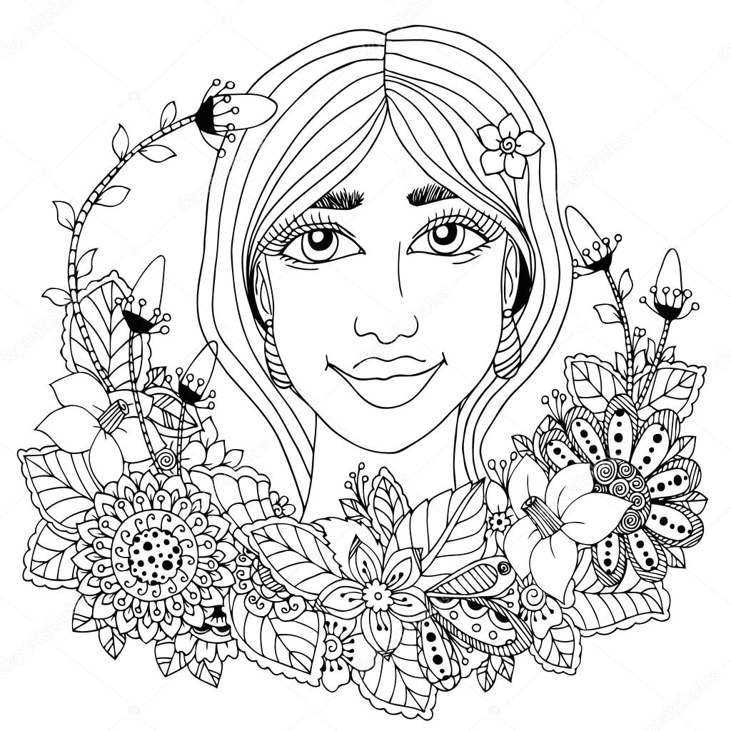 vector illustration girl with flowers in her hair doodle drawing meditative exercise coloring book anti stress for adults black and white vektor od