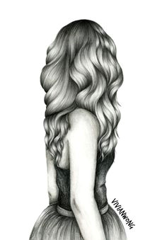 black and white sketch drawing of a girl with long wavy hair drawing hair drawings