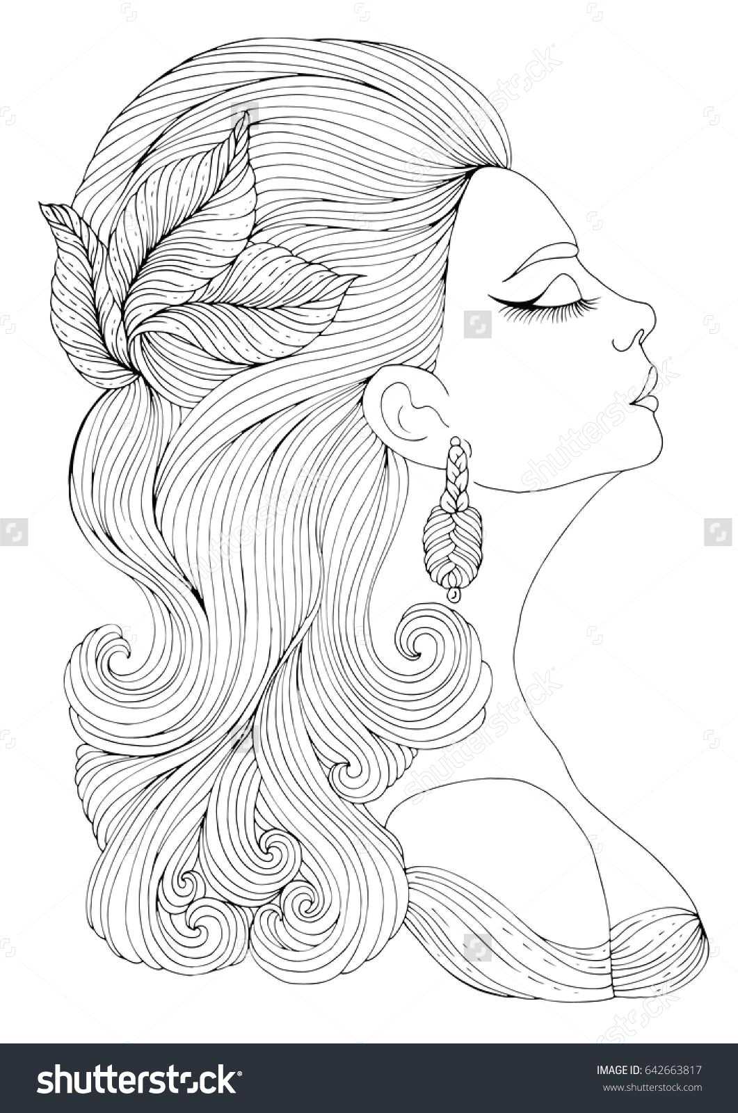 vector hand drawn portrait in profile of elegant lady in retro style girl with wavy hair with a hairpin in the form of leaves art deco style