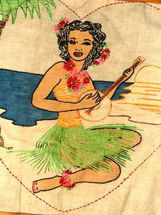 vintage 40s hand made embroidered hula girl pillow cover vintage hawaii hula girl hawaiian
