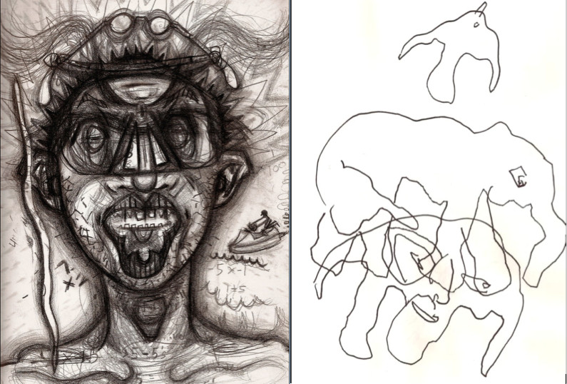 saunders self portraits after 1 2g cocaine left and after snorting heroin right
