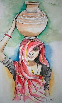 indian woman with earthen pot by pushpa sharma