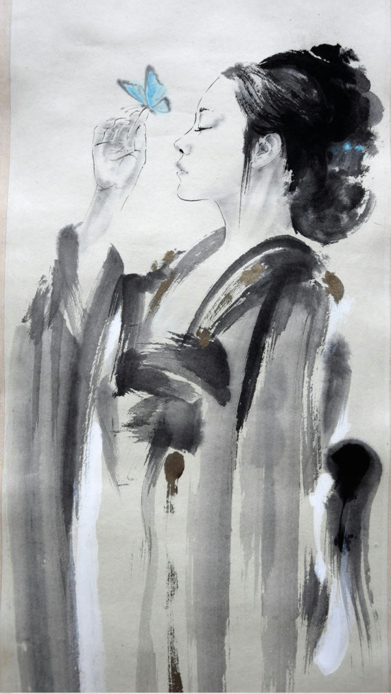 beautyful girl little geisha geisha painting butterfly japanese woman original artwork sumi e