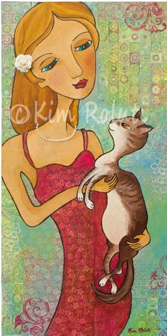little lover girl woman and cat collage mixed media painting art by kim roluti mixed media