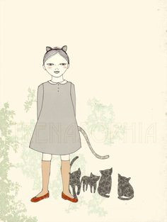cat girl print of original drawing by irenasophia on etsy 20 00 catgirl gatos cats