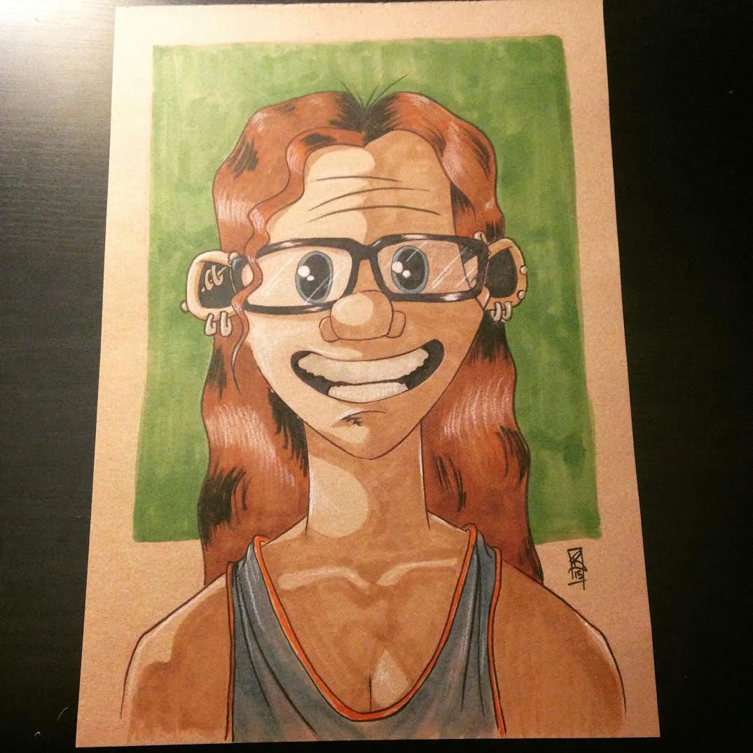 copic marker cartoon caricature portrait of a smiling nerdy girl with long hair lenwood brown iii