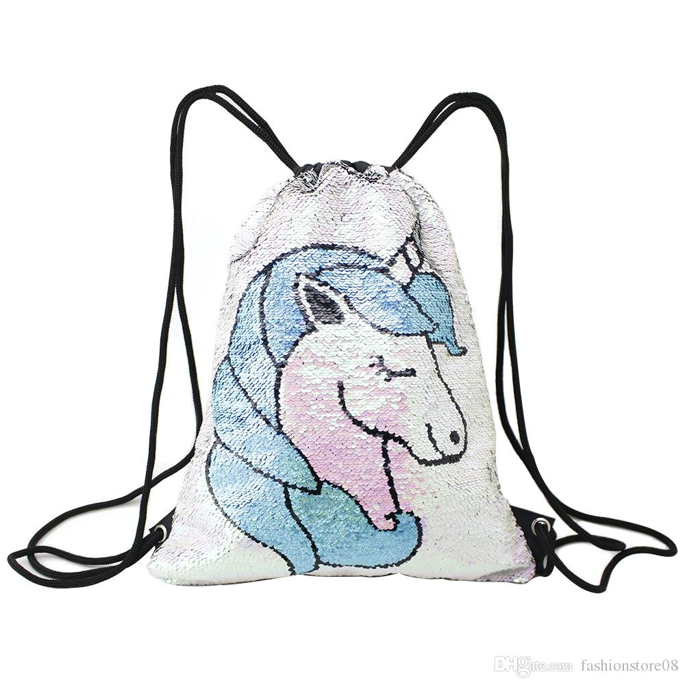 2019 unicorn heart pineapple flamingos sequin backpack drawstring bag for girl school bag mermaid draw string christmas bags 10 style 42x33cm from