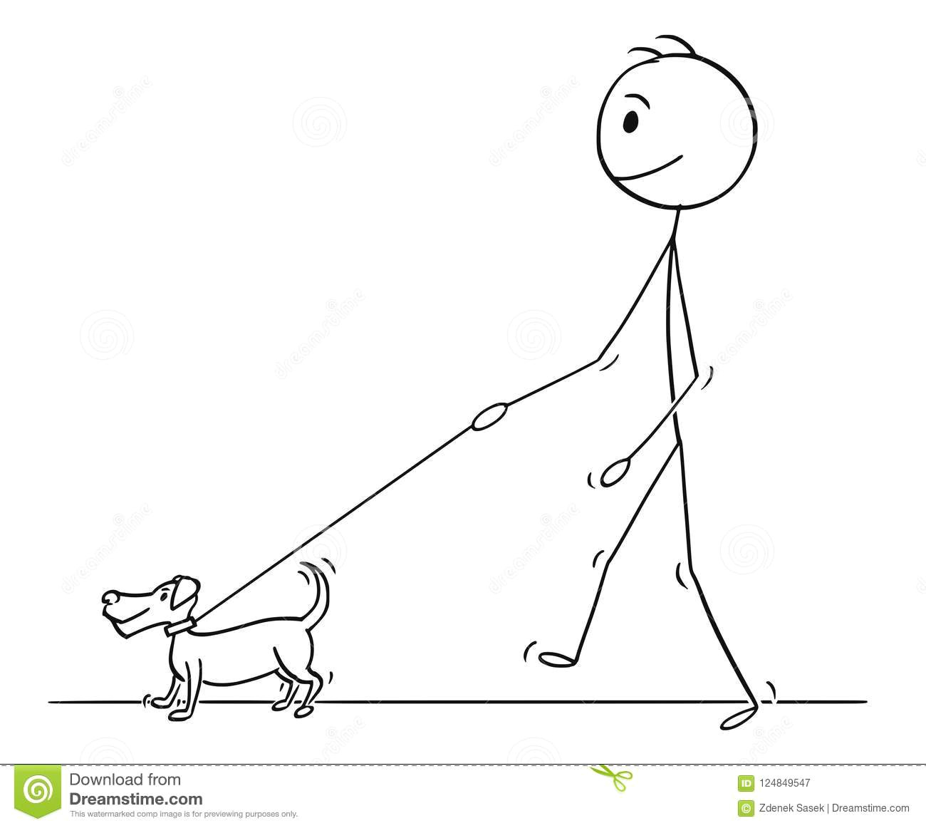 cartoon stick drawing conceptual illustration of man walking with small dog on a leash