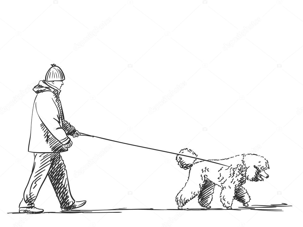 szkic man walking psa na smycz wektor stockowy