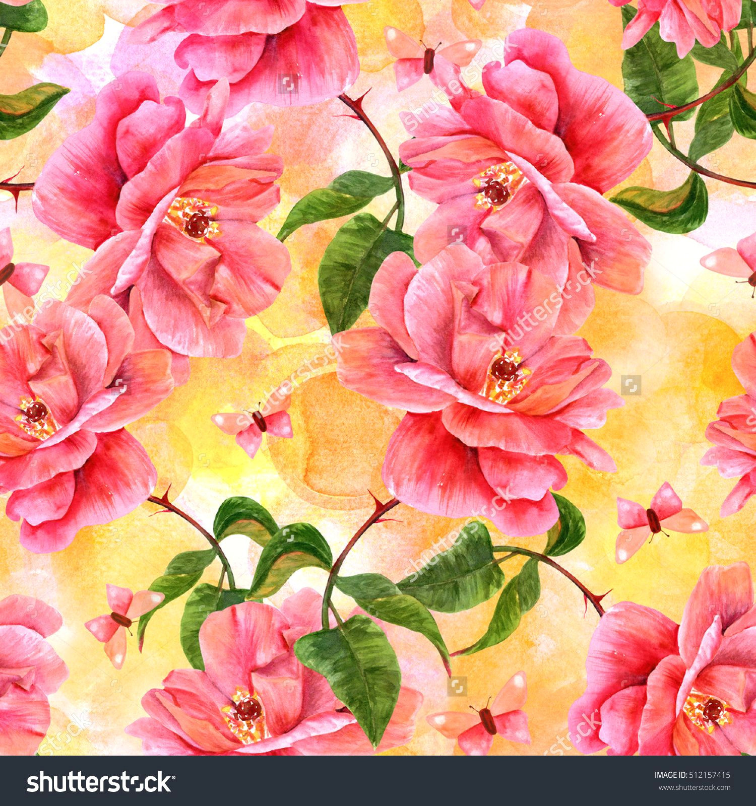 watercolor of pink roses and butterflies