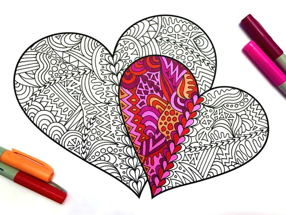 two hearts pdf zentangle coloring page