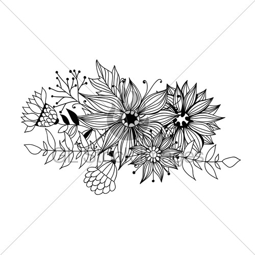 doodle bouquet od flowers and leaves on white b
