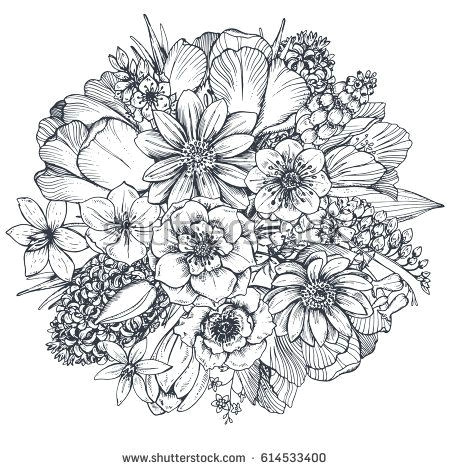 bouquet with hand drawn spring flowers and plants monochrome vector illustration in sketch style
