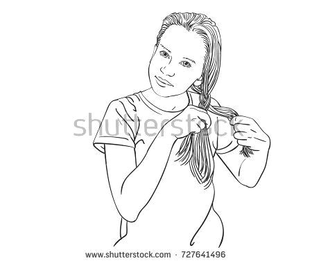 sketch of beautiful teenage girl braiding her long hair in braid hand drawn vector line