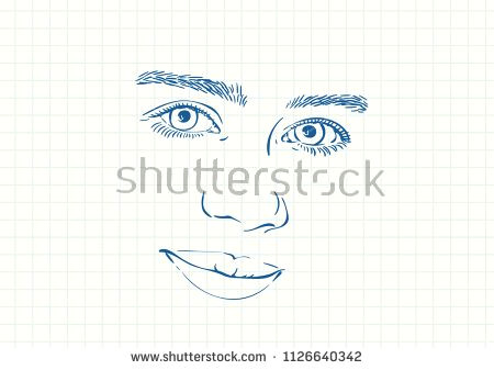 beautiful smiling face of teenage girl with beautiful eyes and thick eyebrows blue pen sketch