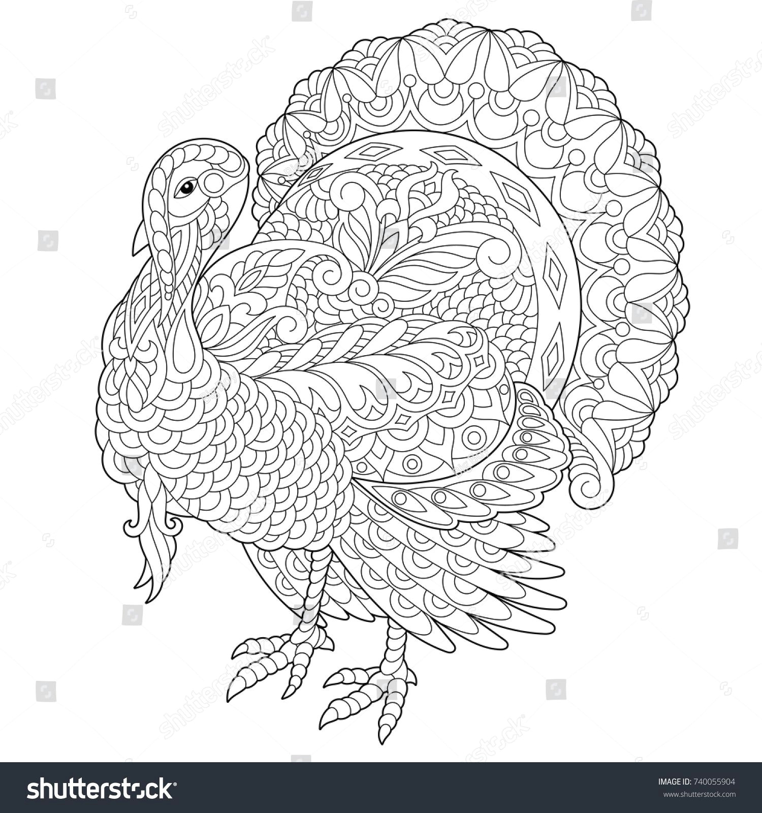 coloring page of turkey for thanksgiving day greeting card freehand sketch drawing for adult antistress coloring book with doodle and zentangle elements