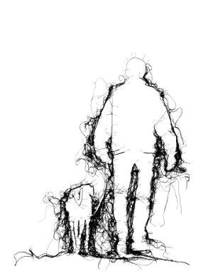 adrienne wood thread drawing man walking dog in black thread on white ground tekeningen