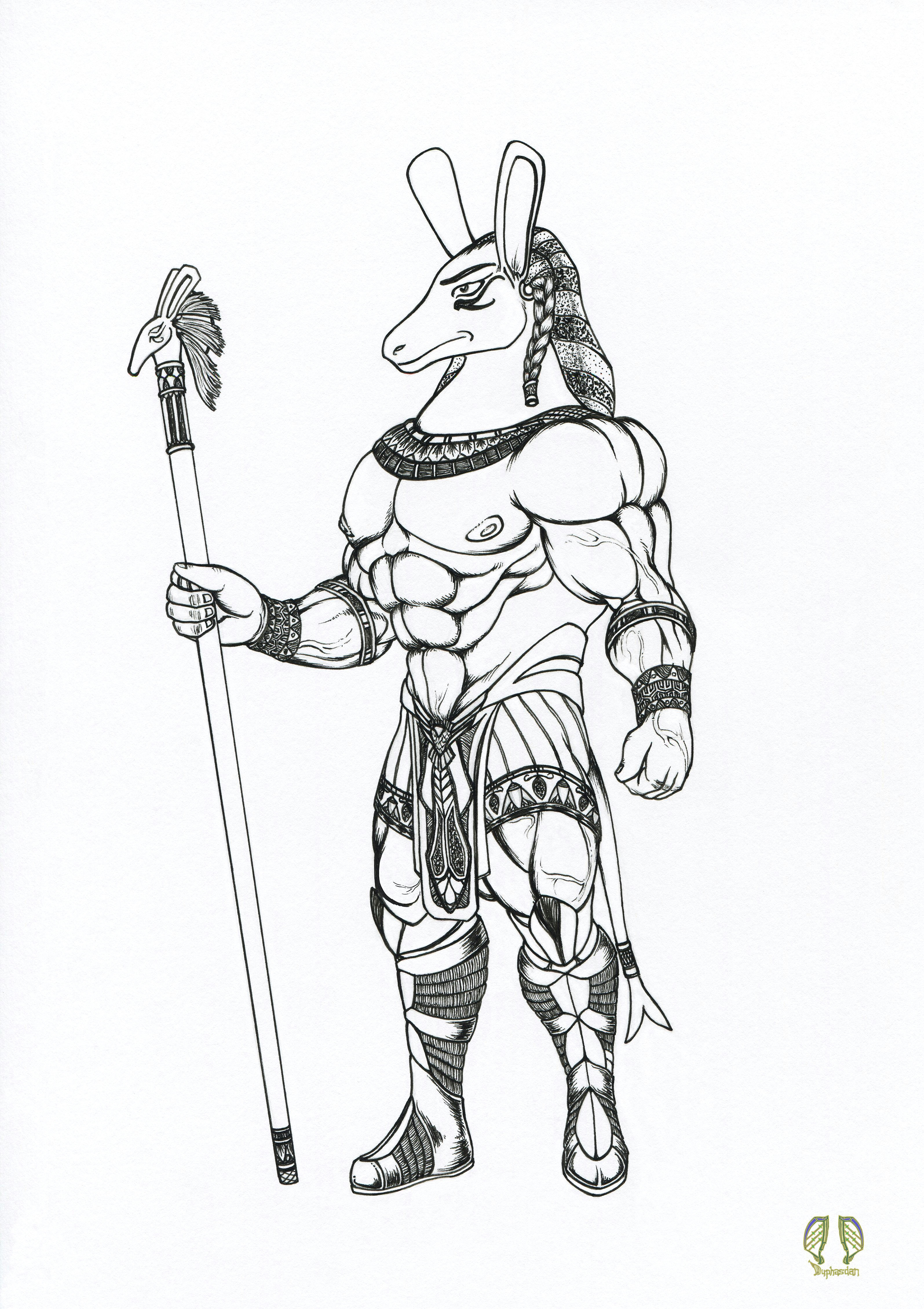 this is an ink line art drawing of the egyptian god set he is the