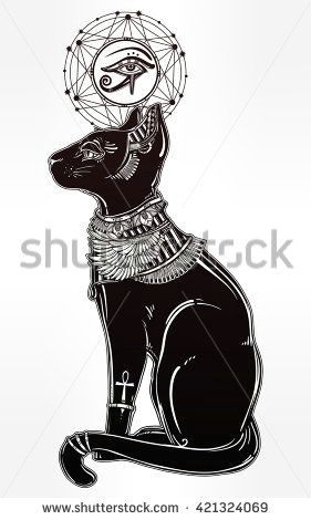 vintage hand drawn egyptian cat with eye of god horus symbol of goddess bastet vector illustration isolated