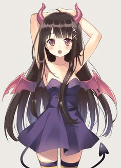 anime girl with black hair purple eyes horns short dress tail