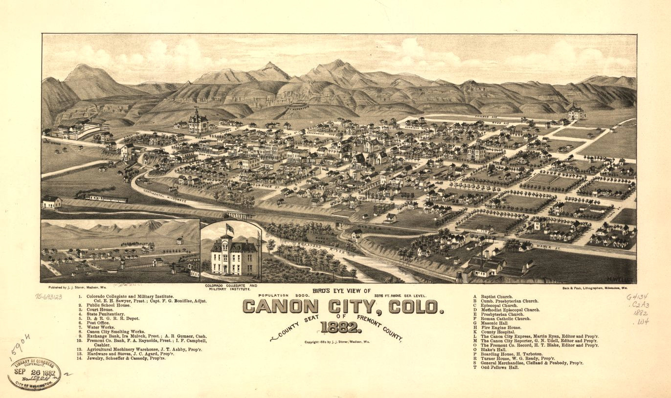 8 x 12 reproduced photo of vintage old perspective birds eye view map or drawing of canon city colo county seat of fremont county 1882